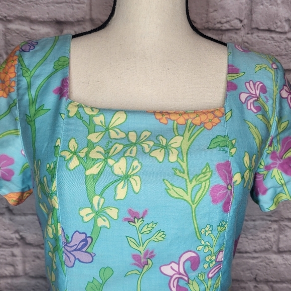 Lilly Pulitzer Dress Vintage Bluee Floral Sassafras Square Neck Sheath Size 8 - Picture 4 of 8